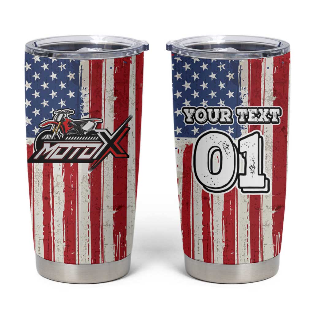 Personalized Motocross Rider Tumbler Cup with American Flag and Thin Blue Line Pattern - Wonder Print Shop