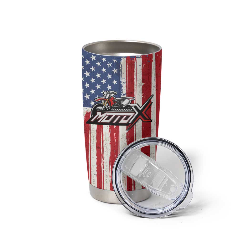 Personalized Motocross Rider Tumbler Cup with American Flag and Thin Blue Line Pattern - Wonder Print Shop