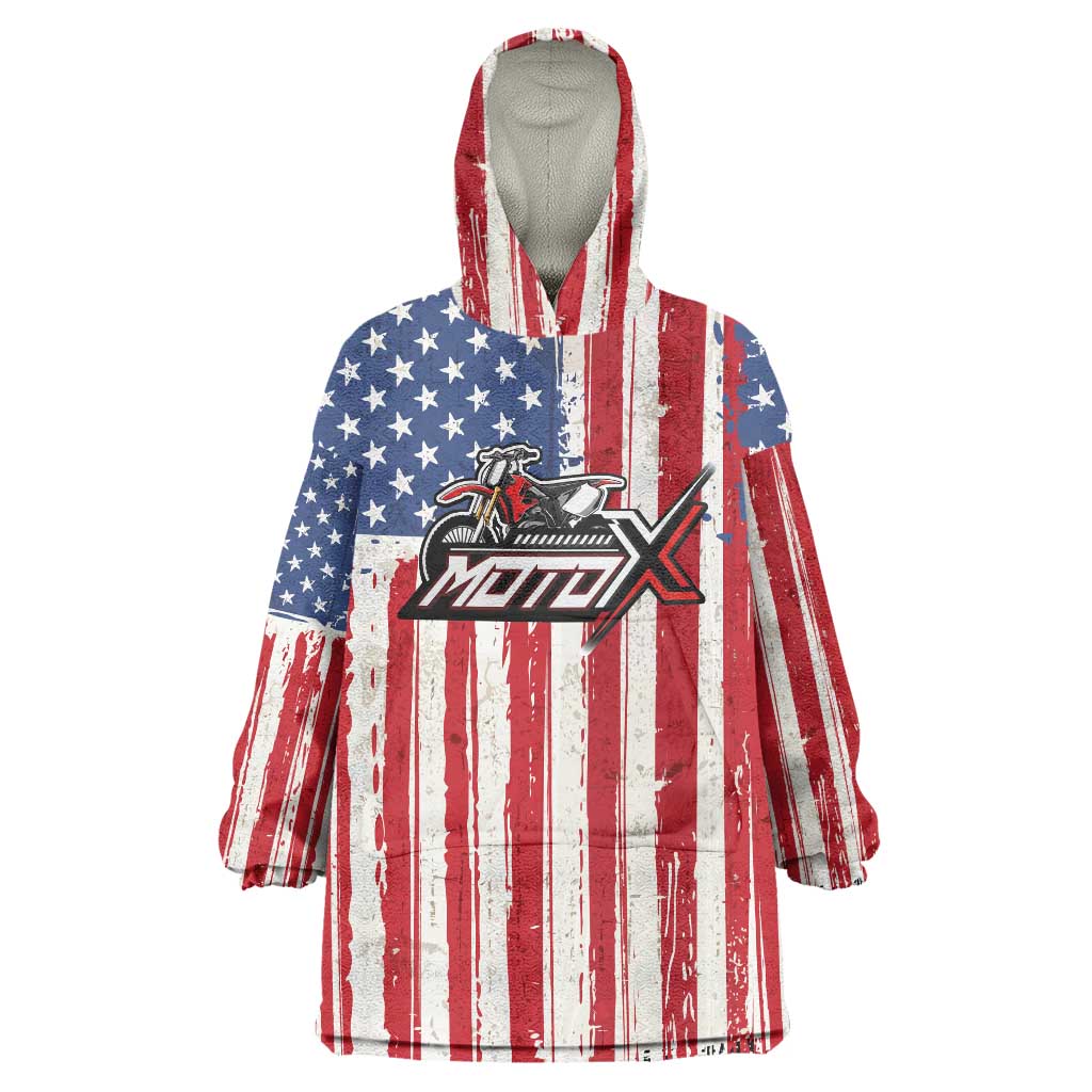 Personalized Motocross Rider Wearable Blanket Hoodie with American Flag and Thin Blue Line Pattern - Wonder Print Shop
