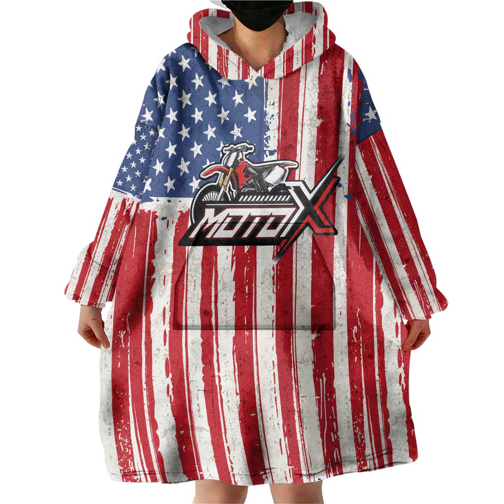 Personalized Motocross Rider Wearable Blanket Hoodie with American Flag and Thin Blue Line Pattern - Wonder Print Shop
