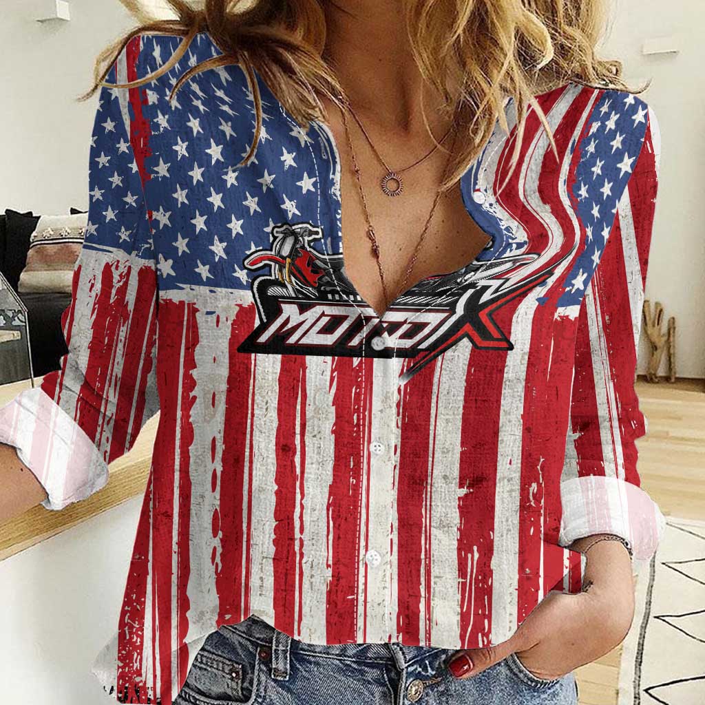 Personalized Motocross Rider Women Casual Shirt with American Flag and Thin Blue Line Pattern - Wonder Print Shop