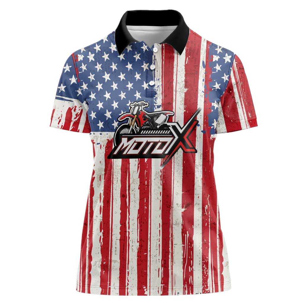 Personalized Motocross Rider Women Polo Shirt with American Flag and Thin Blue Line Pattern - Wonder Print Shop