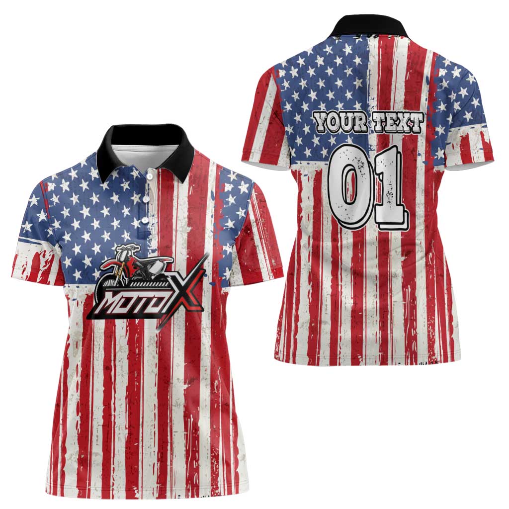 Personalized Motocross Rider Women Polo Shirt with American Flag and Thin Blue Line Pattern - Wonder Print Shop
