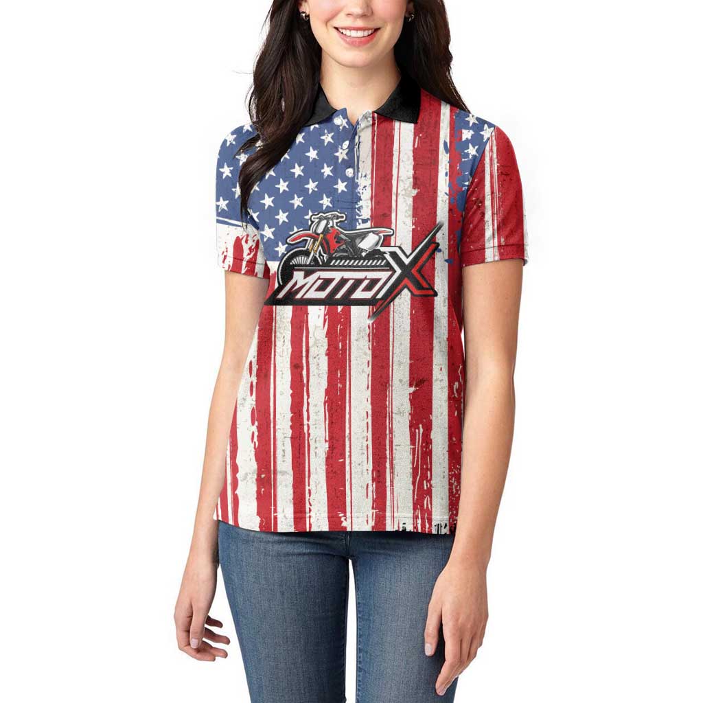 Personalized Motocross Rider Women Polo Shirt with American Flag and Thin Blue Line Pattern - Wonder Print Shop
