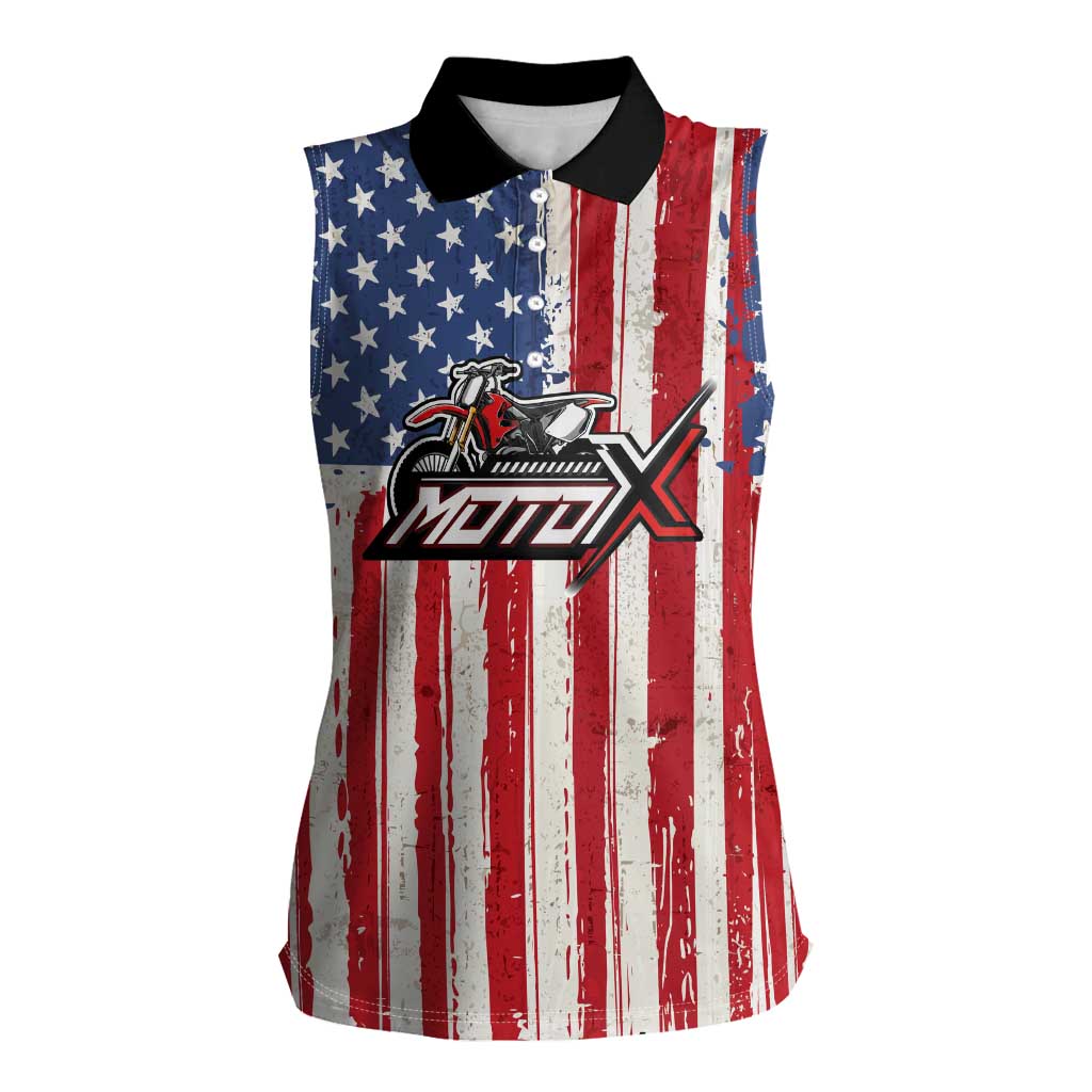 Personalized Motocross Rider Women Sleeveless Polo Shirt with American Flag and Thin Blue Line Pattern - Wonder Print Shop