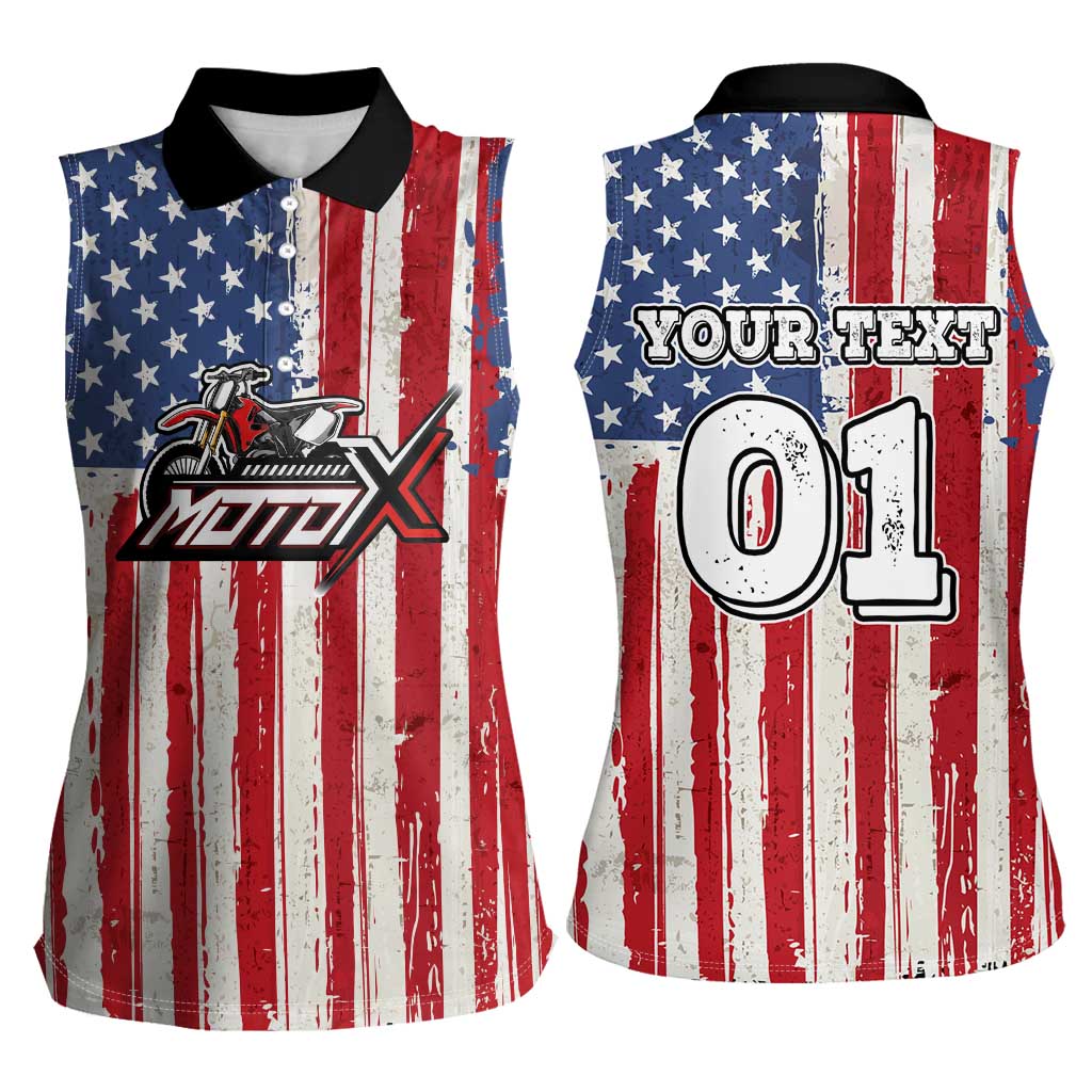 Personalized Motocross Rider Women Sleeveless Polo Shirt with American Flag and Thin Blue Line Pattern - Wonder Print Shop