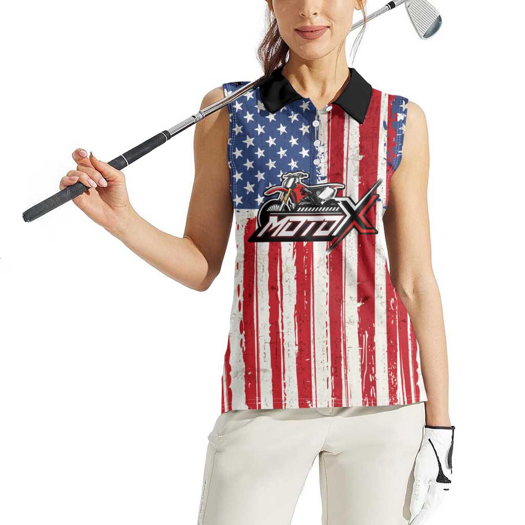 Personalized Motocross Rider Women Sleeveless Polo Shirt with American Flag and Thin Blue Line Pattern - Wonder Print Shop