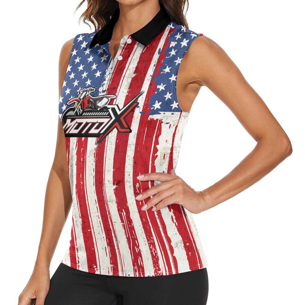 Personalized Motocross Rider Women Sleeveless Polo Shirt with American Flag and Thin Blue Line Pattern - Wonder Print Shop