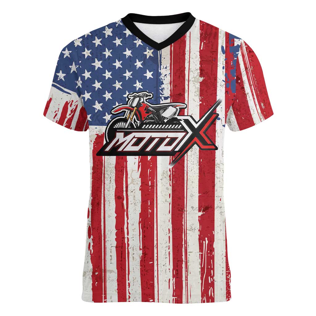 Personalized Motocross Rider Women V-Neck T-Shirt with American Flag and Thin Blue Line Pattern - Wonder Print Shop