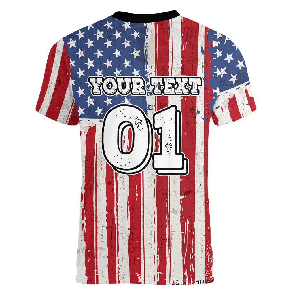 Personalized Motocross Rider Women V-Neck T-Shirt with American Flag and Thin Blue Line Pattern - Wonder Print Shop