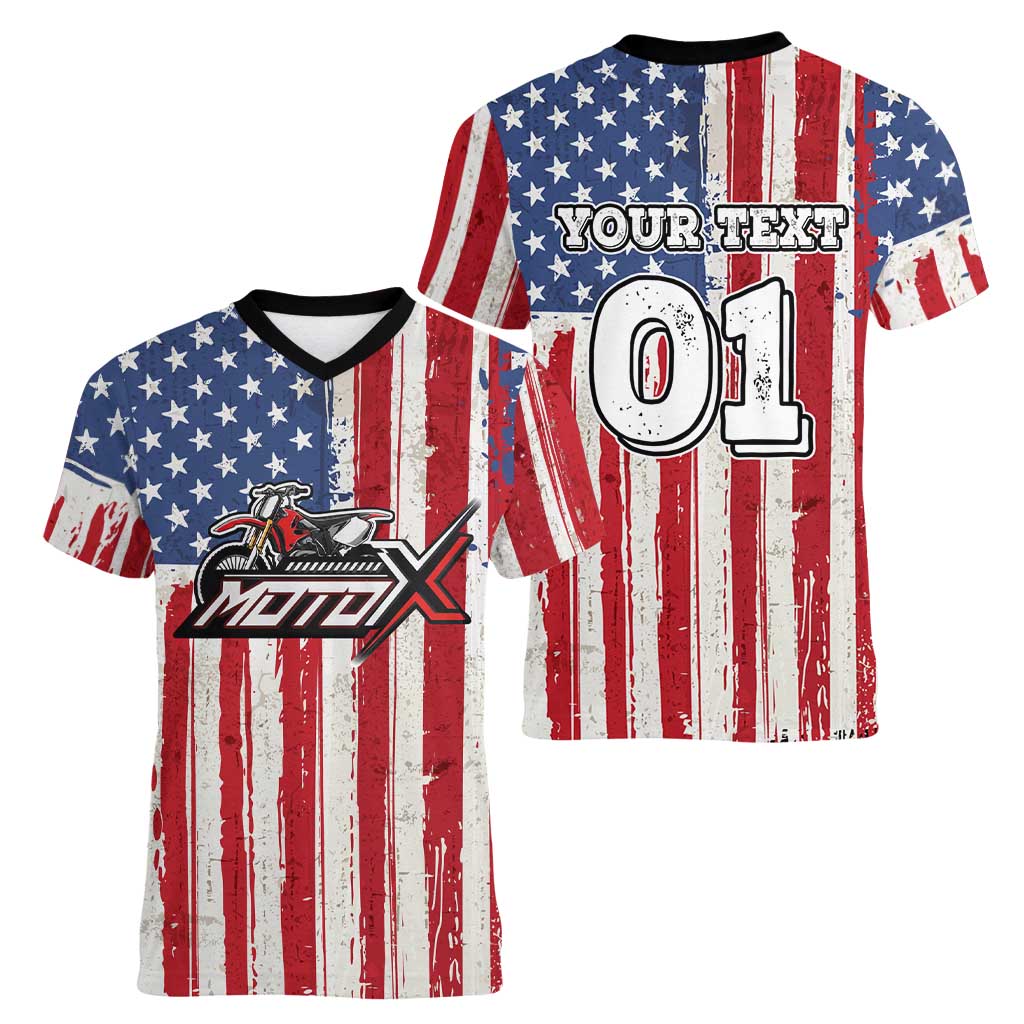 Personalized Motocross Rider Women V-Neck T-Shirt with American Flag and Thin Blue Line Pattern - Wonder Print Shop