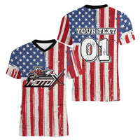 Personalized Motocross Rider Women V-Neck T-Shirt with American Flag and Thin Blue Line Pattern - Wonder Print Shop