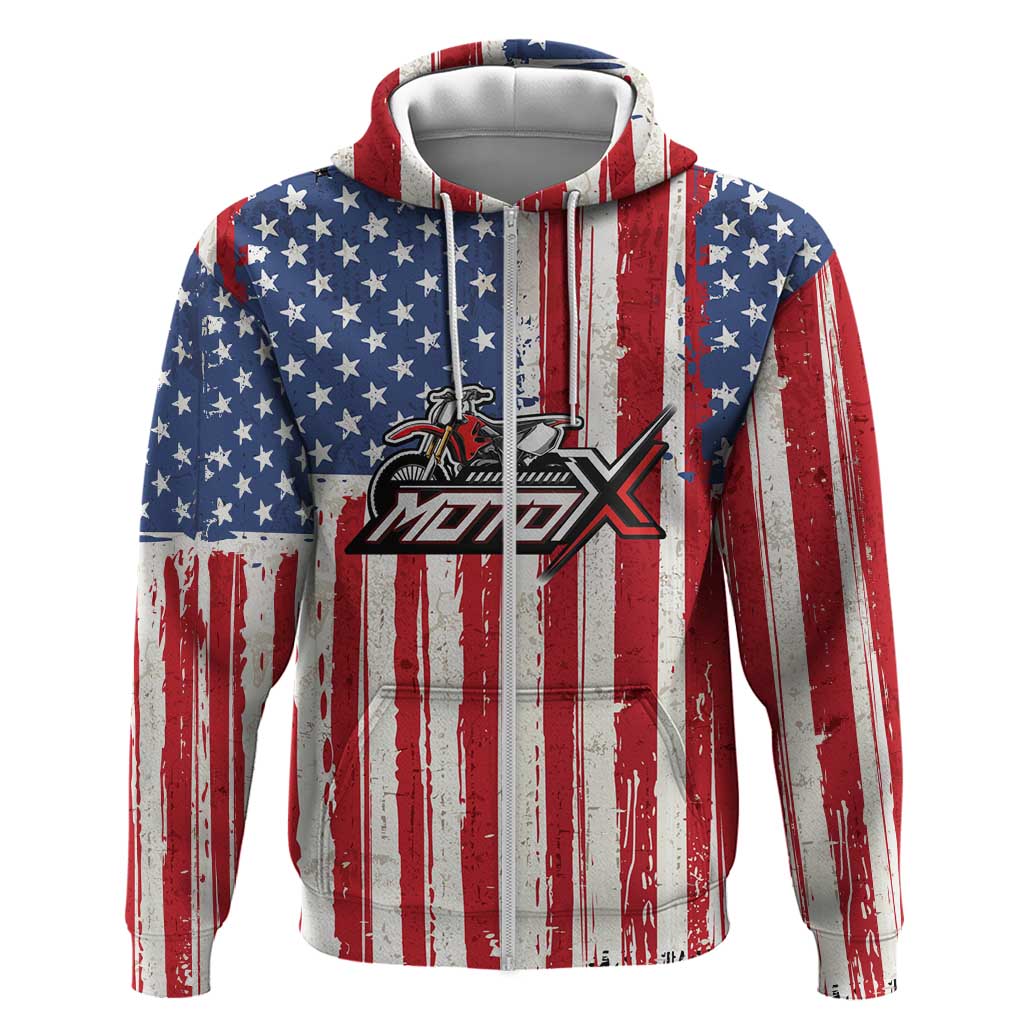 Personalized Motocross Rider Zip Hoodie with American Flag and Thin Blue Line Pattern - Wonder Print Shop