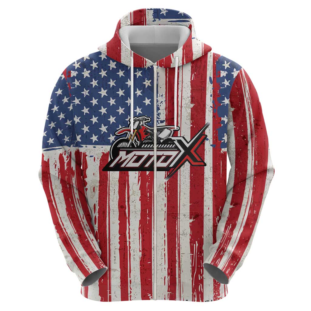 Personalized Motocross Rider Zip Hoodie with American Flag and Thin Blue Line Pattern - Wonder Print Shop