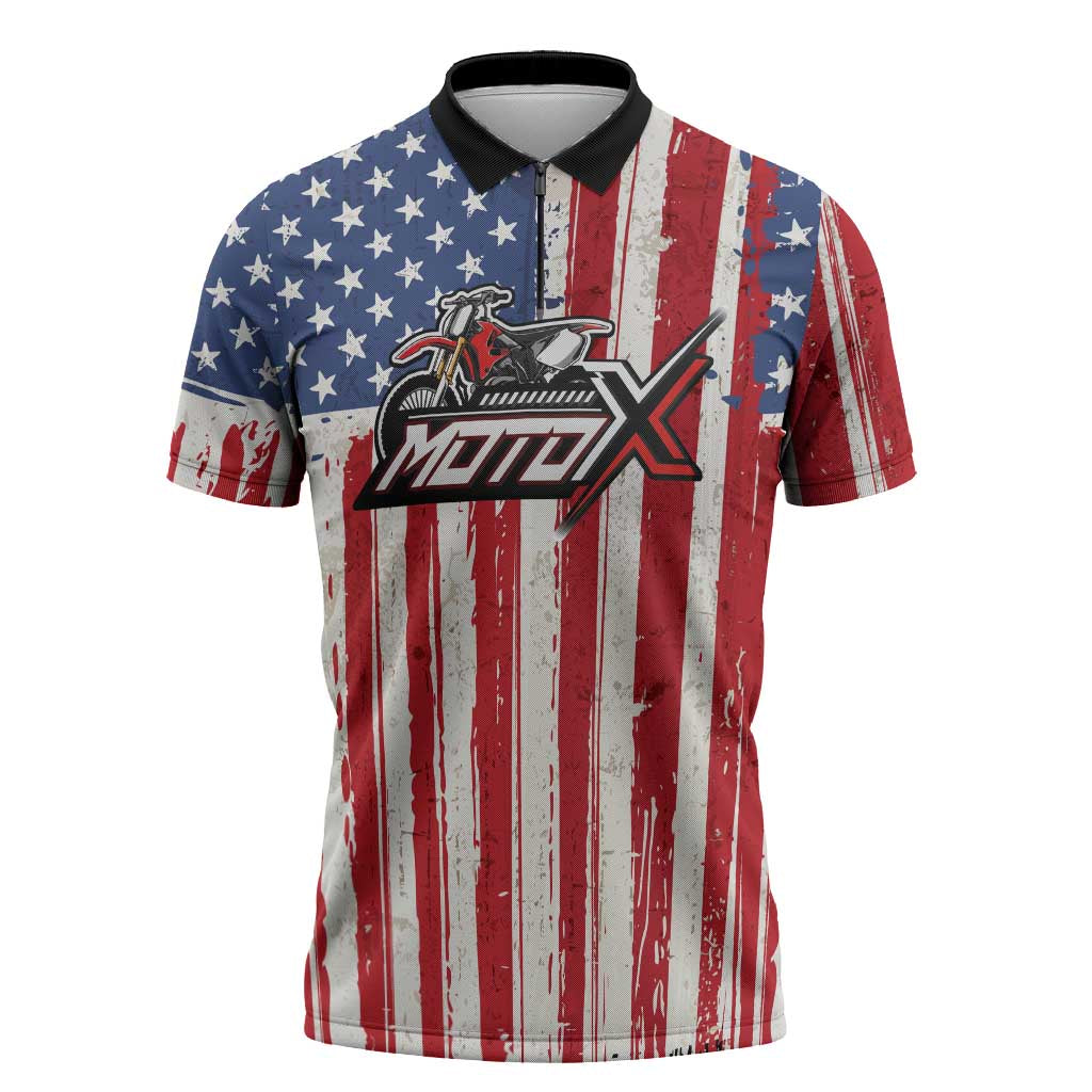 Personalized Motocross Rider Zipper Polo Shirt with American Flag and Thin Blue Line Pattern - Wonder Print Shop