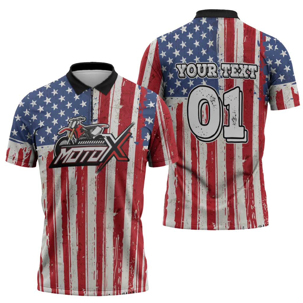 Personalized Motocross Rider Zipper Polo Shirt with American Flag and Thin Blue Line Pattern - Wonder Print Shop