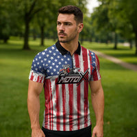 Personalized Motocross Rider Zipper Polo Shirt with American Flag and Thin Blue Line Pattern - Wonder Print Shop