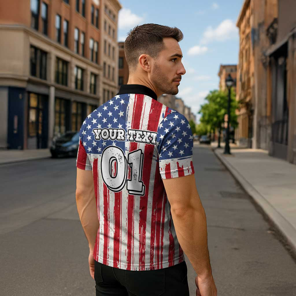 Personalized Motocross Rider Zipper Polo Shirt with American Flag and Thin Blue Line Pattern - Wonder Print Shop