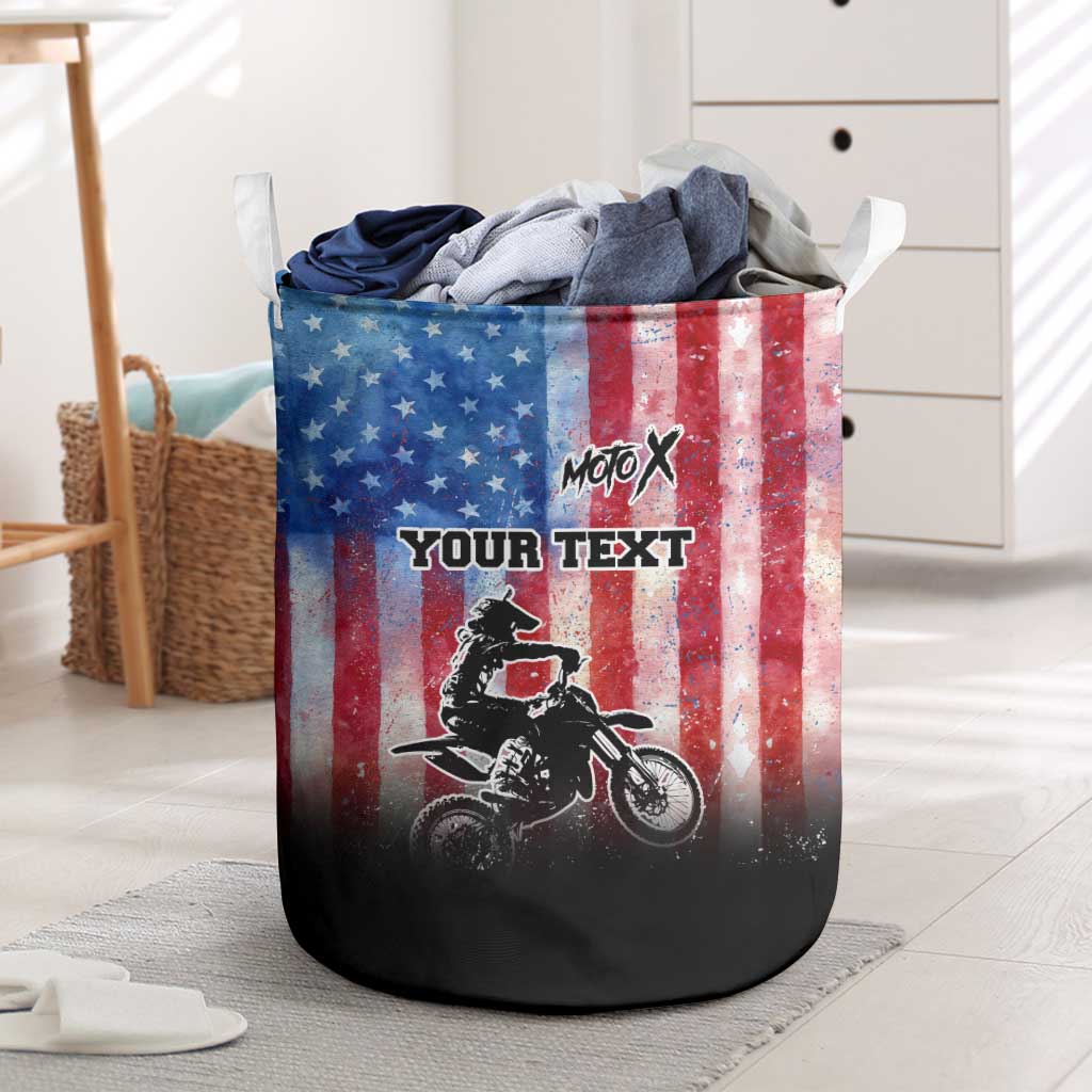 Personalized Motocross Rider Laundry Basket with Distressed American Flag in Red White Blue Grunge Style - Wonder Print Shop