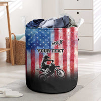 Personalized Motocross Rider Laundry Basket with Distressed American Flag in Red White Blue Grunge Style - Wonder Print Shop