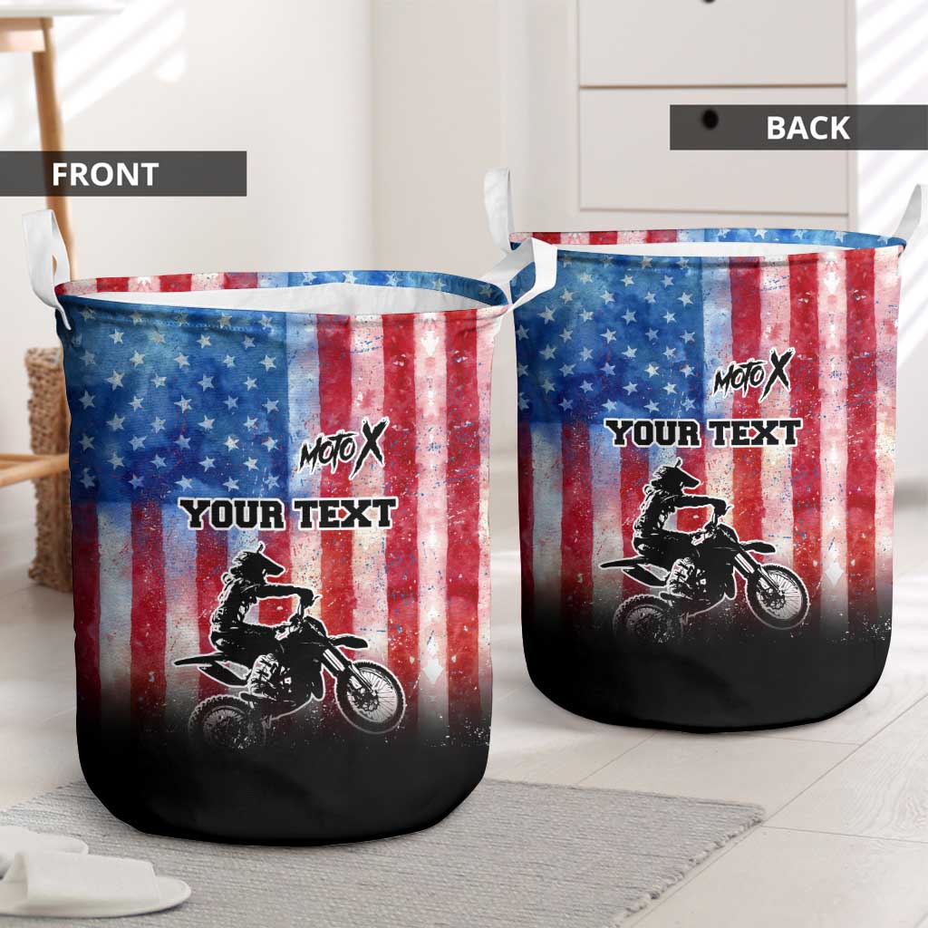 Personalized Motocross Rider Laundry Basket with Distressed American Flag in Red White Blue Grunge Style - Wonder Print Shop
