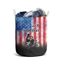 Personalized Motocross Rider Laundry Basket with Distressed American Flag in Red White Blue Grunge Style - Wonder Print Shop