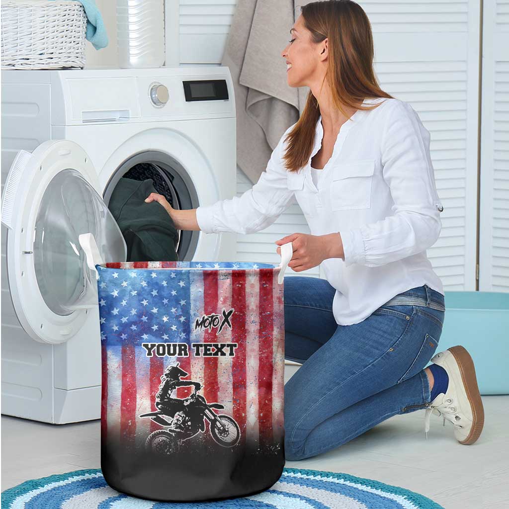 Personalized Motocross Rider Laundry Basket with Distressed American Flag in Red White Blue Grunge Style - Wonder Print Shop