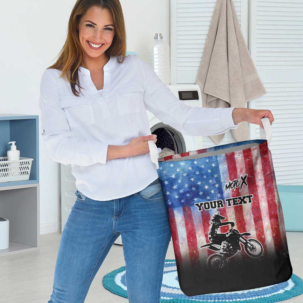 Personalized Motocross Rider Laundry Basket with Distressed American Flag in Red White Blue Grunge Style - Wonder Print Shop