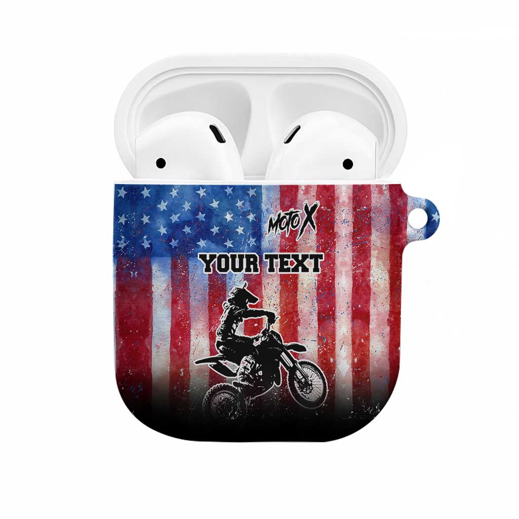 Personalized Motocross Rider AirPods Case with Distressed American Flag in Red White Blue Grunge Style - Wonder Print Shop