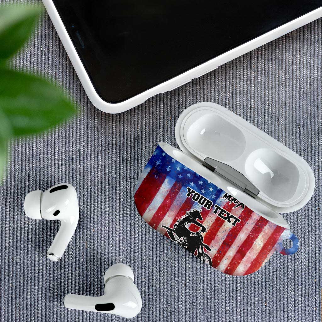 Personalized Motocross Rider AirPods Case with Distressed American Flag in Red White Blue Grunge Style - Wonder Print Shop