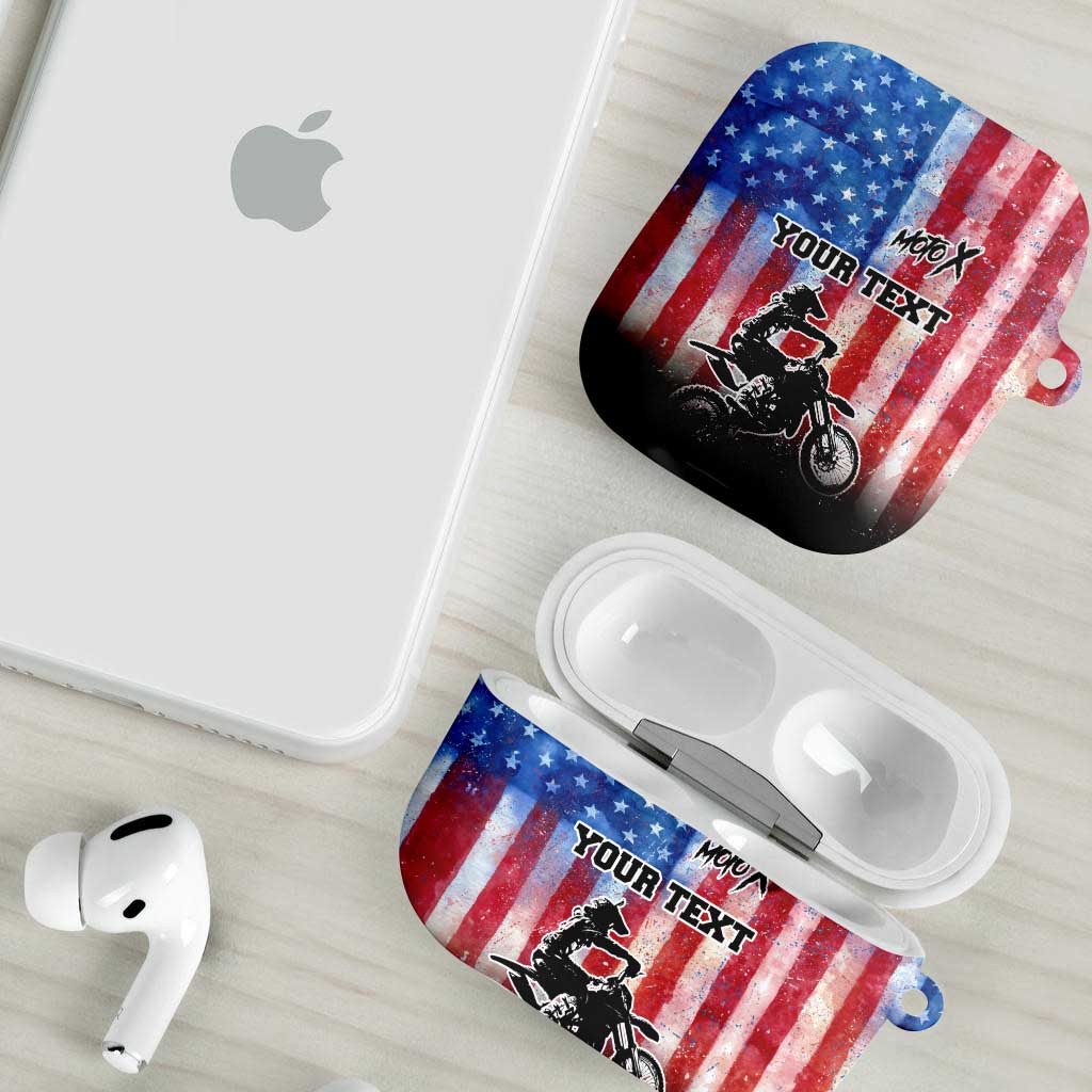 Personalized Motocross Rider AirPods Case with Distressed American Flag in Red White Blue Grunge Style - Wonder Print Shop