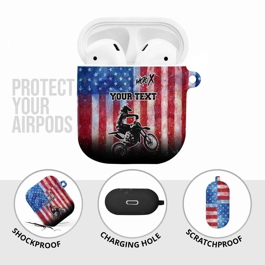 Personalized Motocross Rider AirPods Case with Distressed American Flag in Red White Blue Grunge Style - Wonder Print Shop