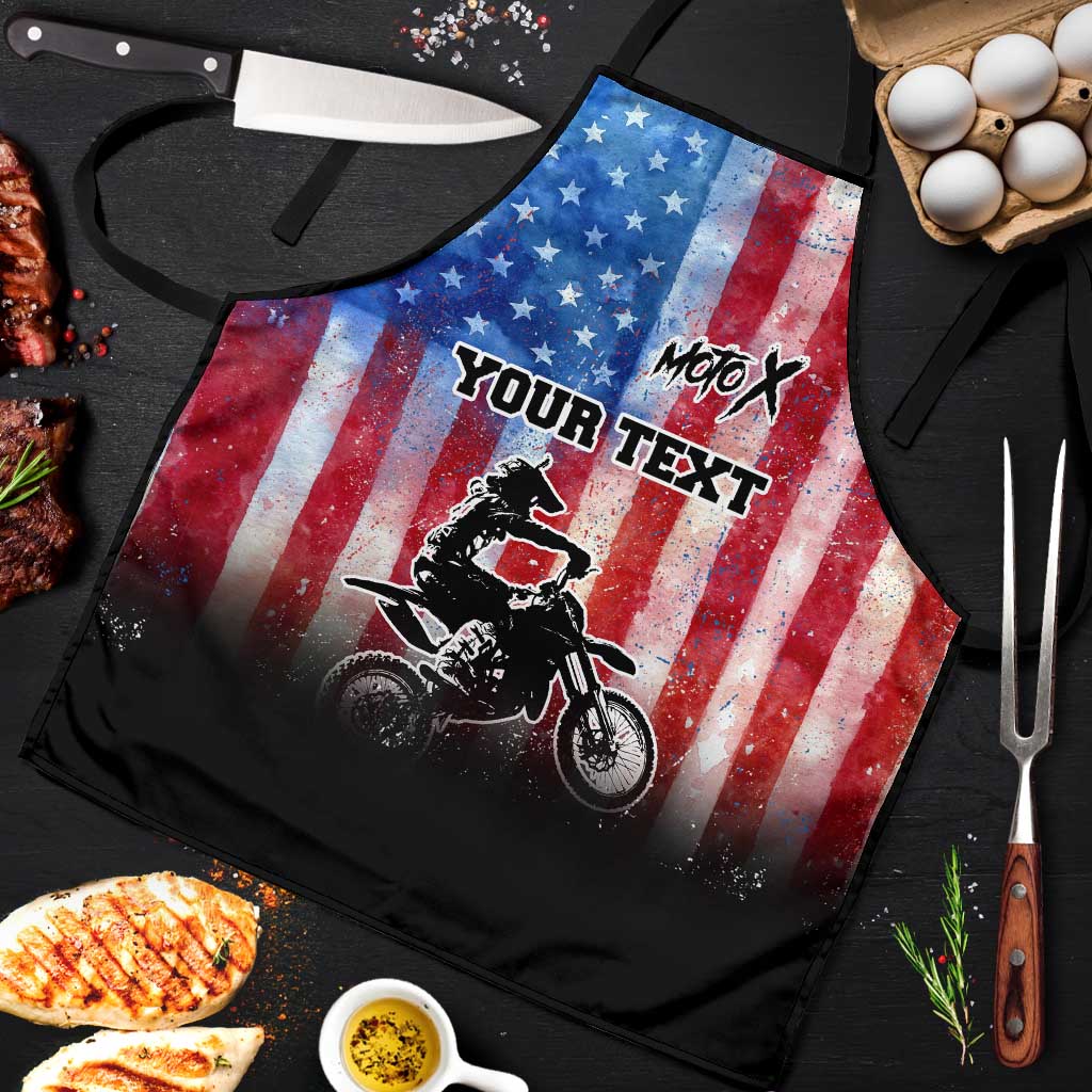 Personalized Motocross Rider Apron with Distressed American Flag in Red White Blue Grunge Style - Wonder Print Shop