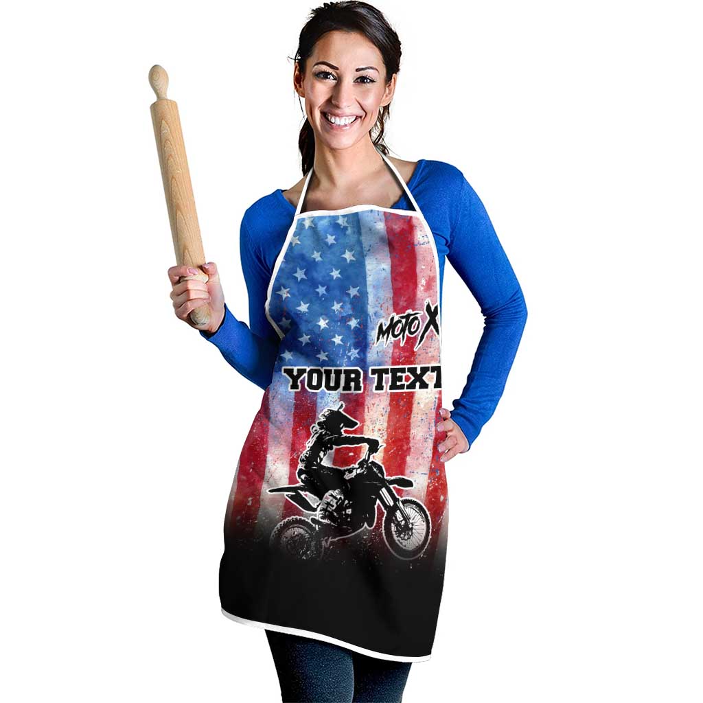 Personalized Motocross Rider Apron with Distressed American Flag in Red White Blue Grunge Style - Wonder Print Shop