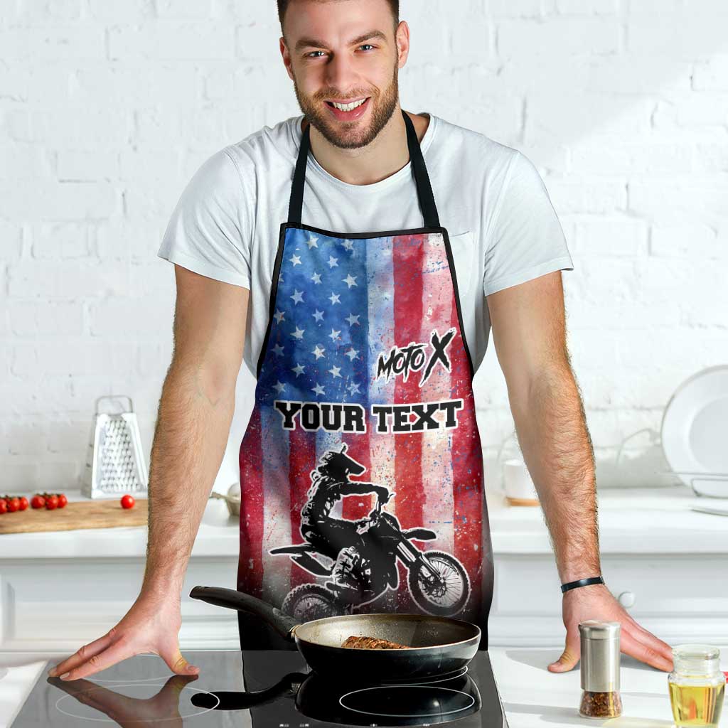 Personalized Motocross Rider Apron with Distressed American Flag in Red White Blue Grunge Style - Wonder Print Shop