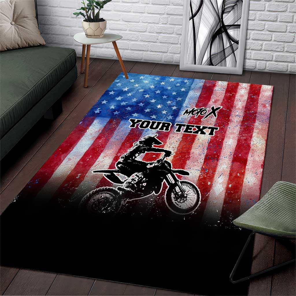 Personalized Motocross Rider Area Rug with Distressed American Flag in Red White Blue Grunge Style - Wonder Print Shop