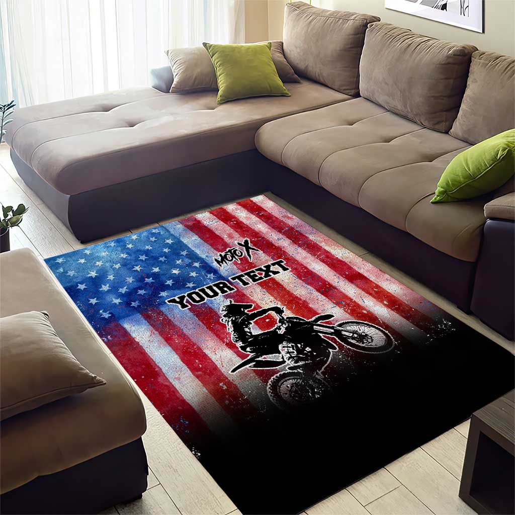Personalized Motocross Rider Area Rug with Distressed American Flag in Red White Blue Grunge Style - Wonder Print Shop
