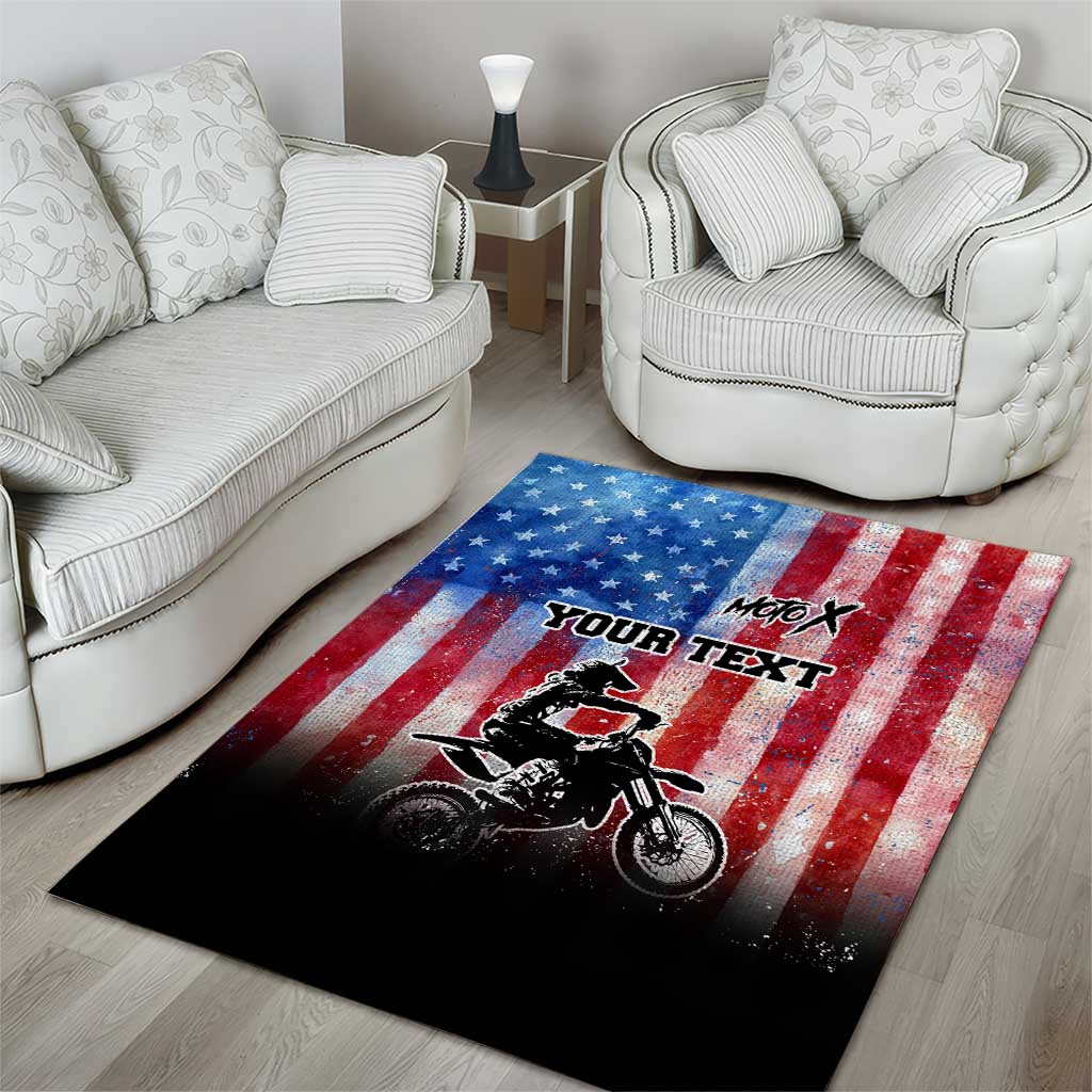 Personalized Motocross Rider Area Rug with Distressed American Flag in Red White Blue Grunge Style - Wonder Print Shop