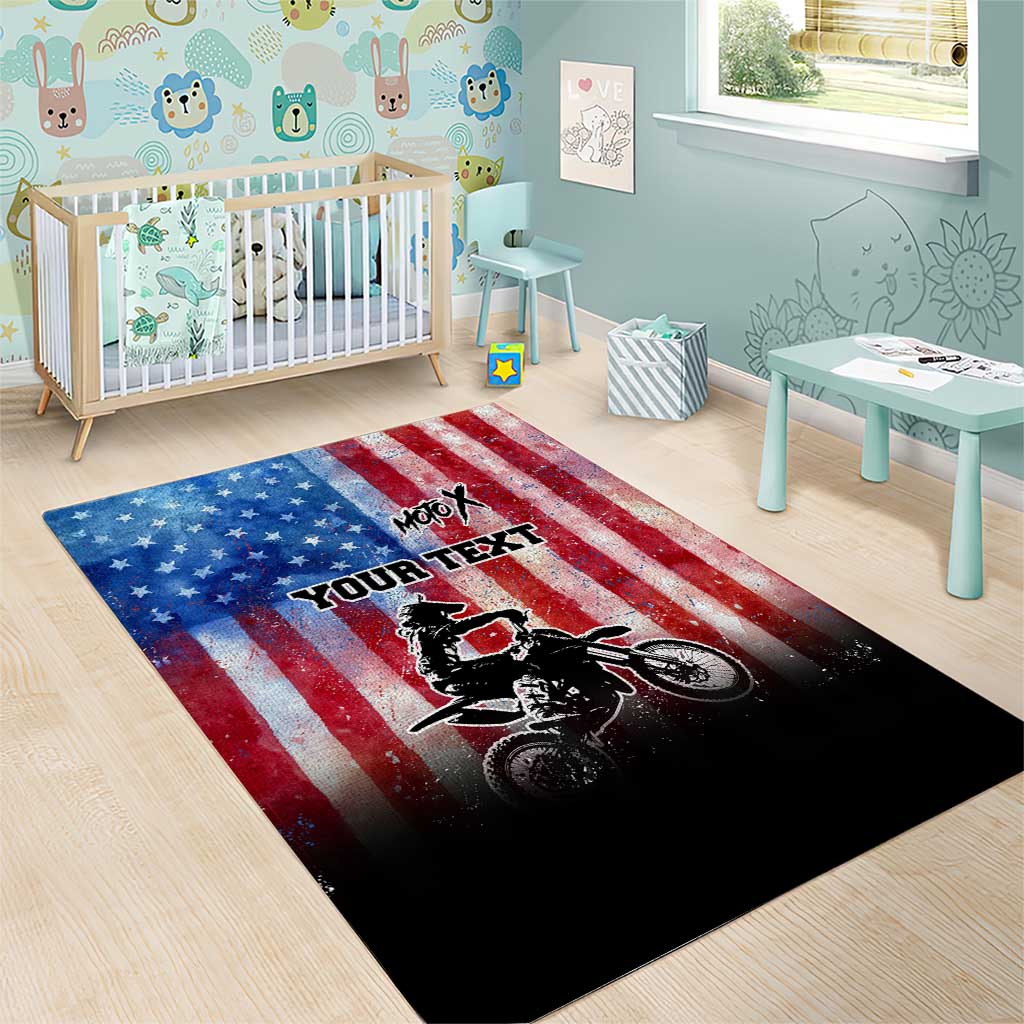 Personalized Motocross Rider Area Rug with Distressed American Flag in Red White Blue Grunge Style - Wonder Print Shop