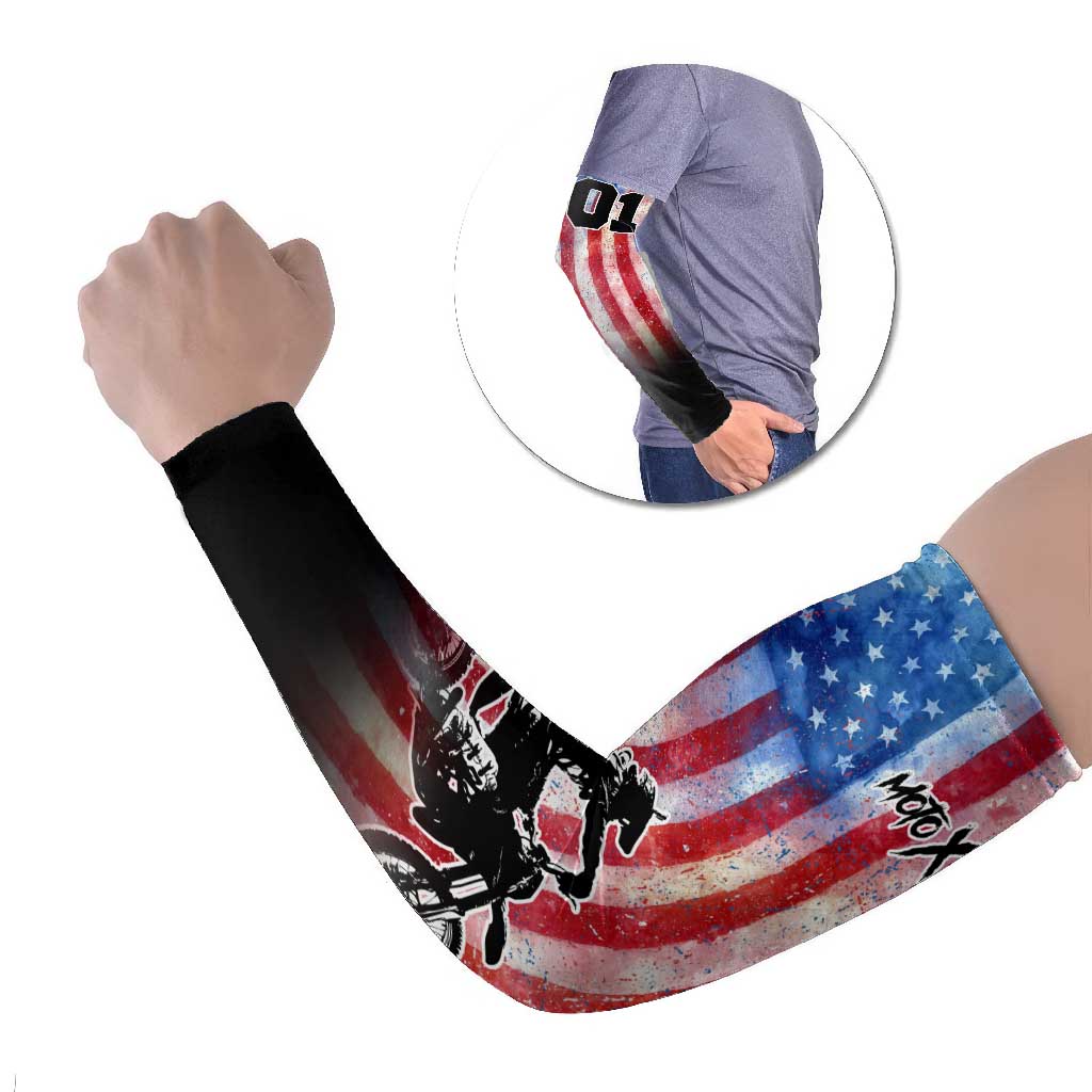 Personalized Motocross Rider Arm Sleeves with Distressed American Flag in Red White Blue Grunge Style - Wonder Print Shop