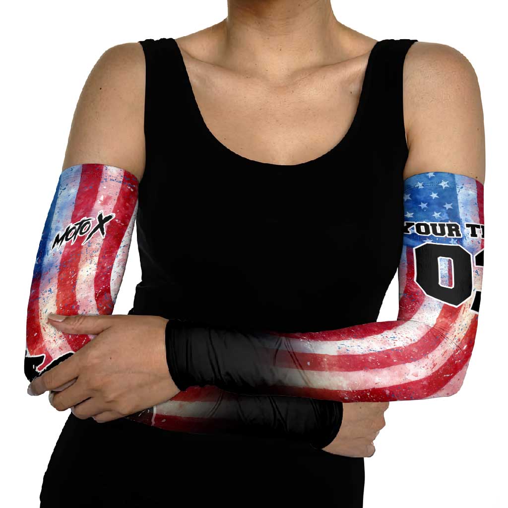 Personalized Motocross Rider Arm Sleeves with Distressed American Flag in Red White Blue Grunge Style - Wonder Print Shop
