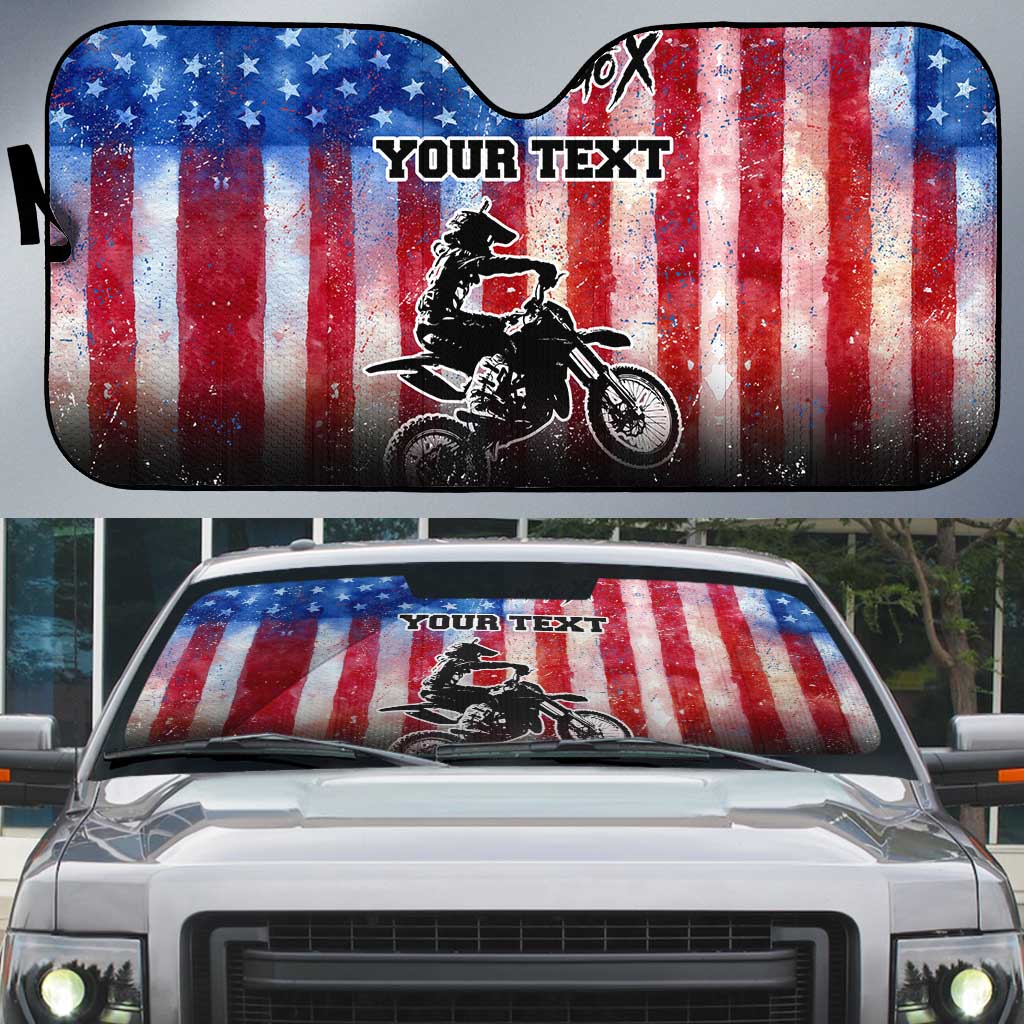 Personalized Motocross Rider Auto Sun Shade with Distressed American Flag in Red White Blue Grunge Style - Wonder Print Shop
