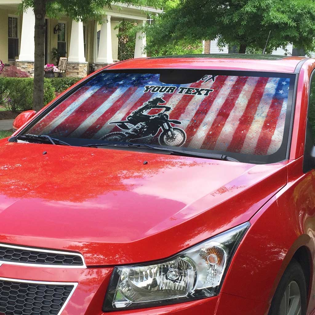 Personalized Motocross Rider Auto Sun Shade with Distressed American Flag in Red White Blue Grunge Style - Wonder Print Shop