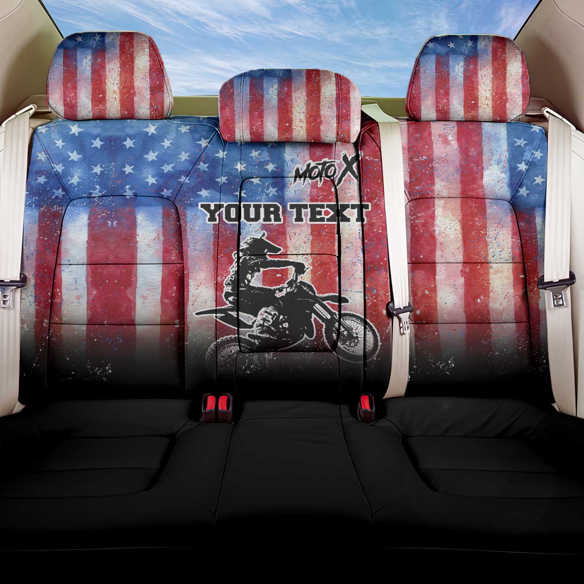 Personalized Motocross Rider Back Car Seat Cover with Distressed American Flag in Red White Blue Grunge Style - Wonder Print Shop