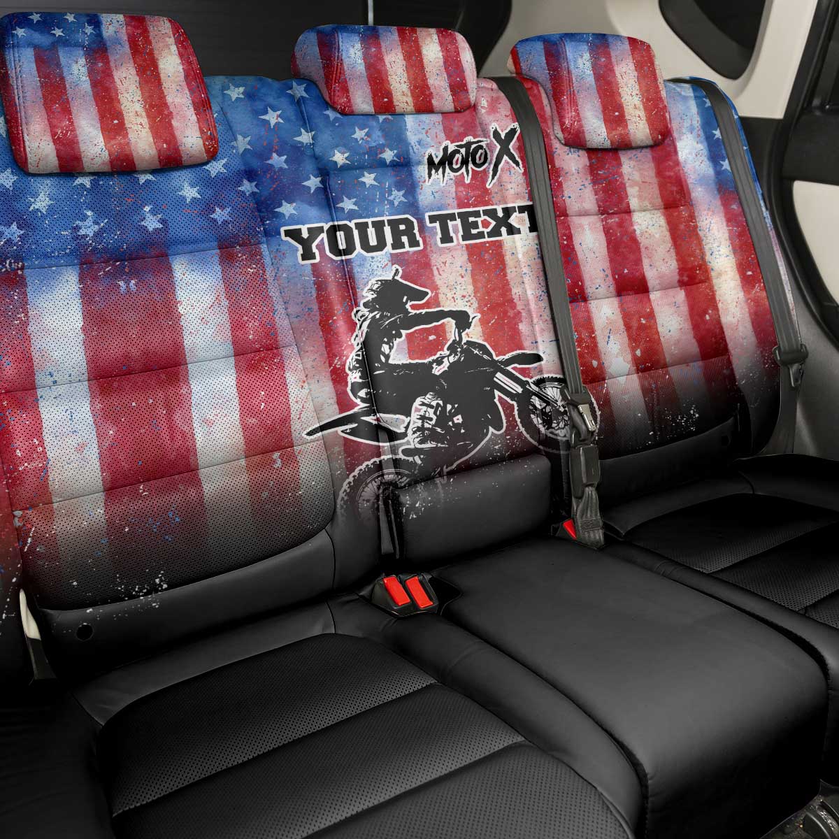 Personalized Motocross Rider Back Car Seat Cover with Distressed American Flag in Red White Blue Grunge Style - Wonder Print Shop