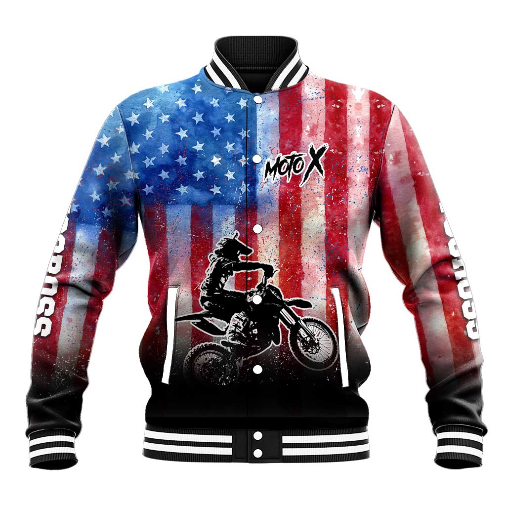 Personalized Motocross Rider Baseball Jacket with Distressed American Flag in Red White Blue Grunge Style - Wonder Print Shop