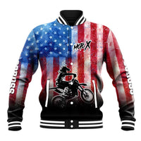 Personalized Motocross Rider Baseball Jacket with Distressed American Flag in Red White Blue Grunge Style - Wonder Print Shop