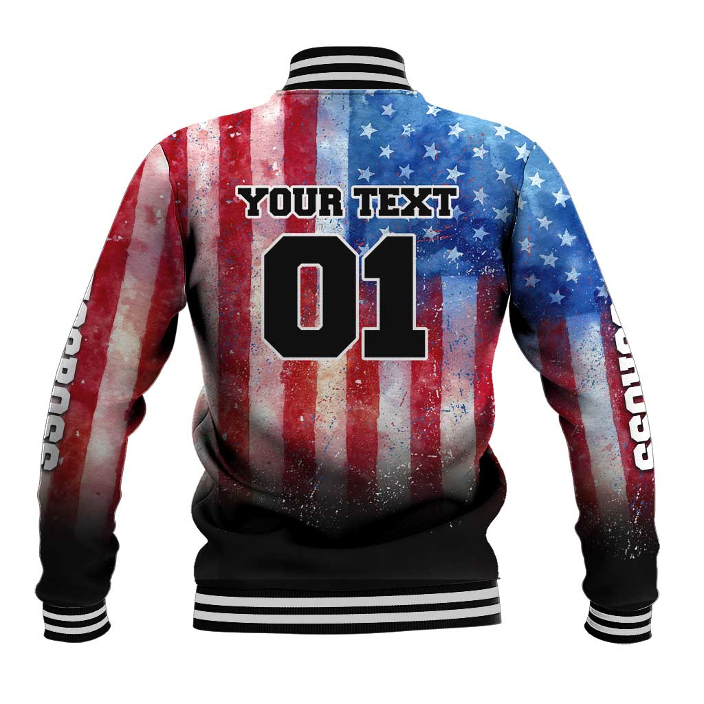 Personalized Motocross Rider Baseball Jacket with Distressed American Flag in Red White Blue Grunge Style - Wonder Print Shop