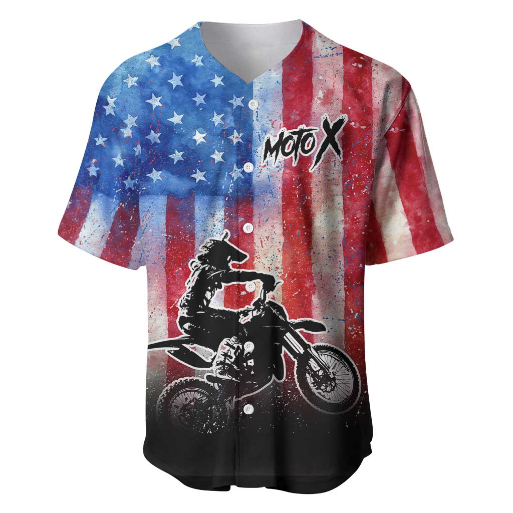Personalized Motocross Rider Baseball Jersey with Distressed American Flag in Red White Blue Grunge Style - Wonder Print Shop