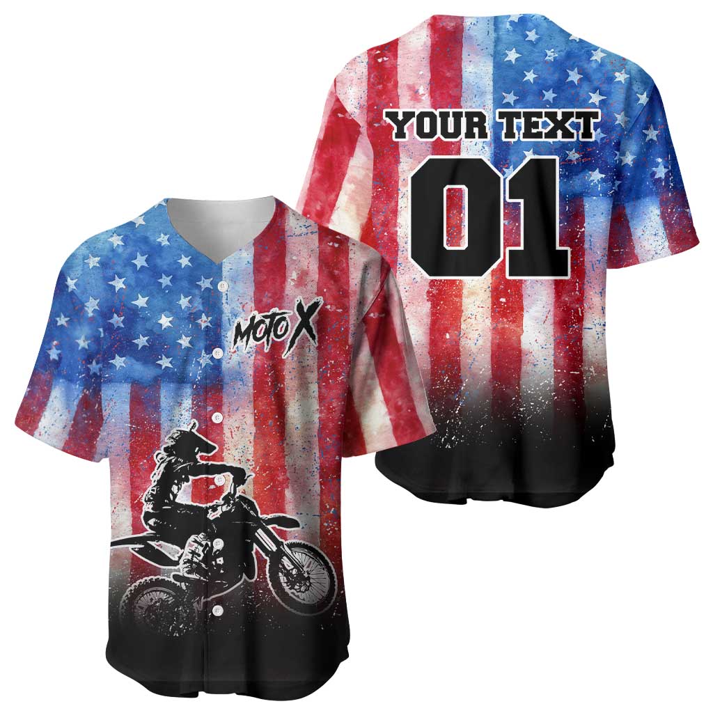 Personalized Motocross Rider Baseball Jersey with Distressed American Flag in Red White Blue Grunge Style - Wonder Print Shop